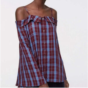 Loft Blouse Top Shirt Tunic Plaid Print Burgundy Off the Shoulders Size S